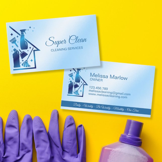 Städhjälp för hemmet professionella städtjänster visitkort (cleaning tools logo for cleaning services business, residential and commercial. blue color)