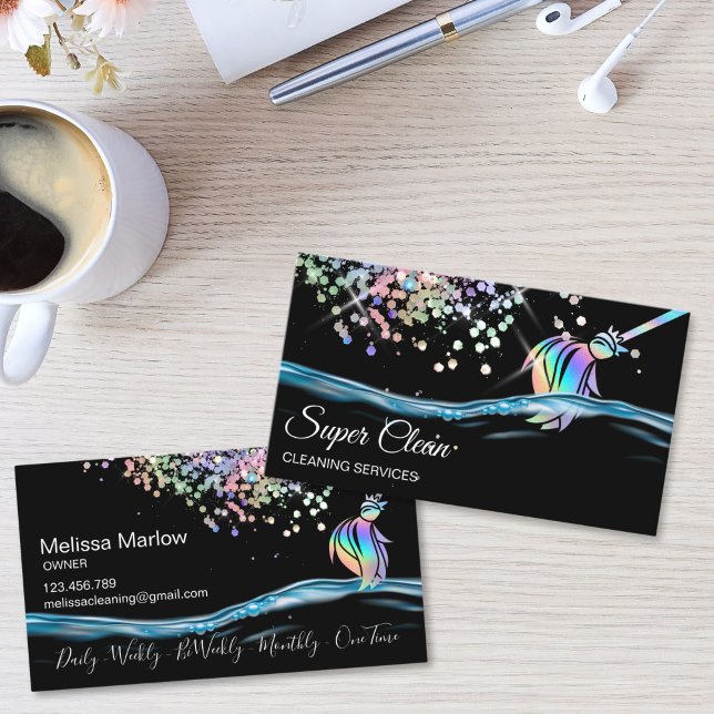 StädhushushållStädningHushållssysslorHolograf Visitkort (Maid Cleaning House Sparkling Business Card with holographic broom logo, glitter and water splash)