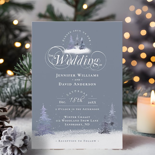 Städiga Tallar Elegant Vinterbröllopskrift Inbjudningar (Evergreen Pine Trees Elegant Script Winter Wedding Invitation)