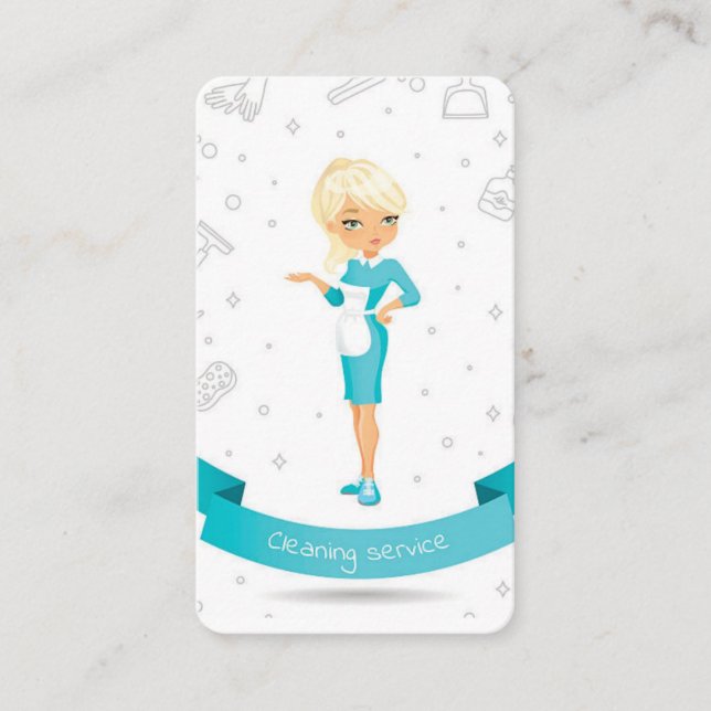 Städning av Blue & White Tecknad Maid House Visitkort (Framsida)
