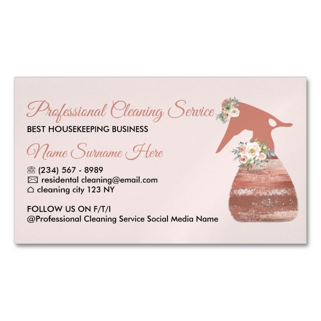 Städning av rosa Spray Flower Glamor Magnetiska Visitkort (Framsida)