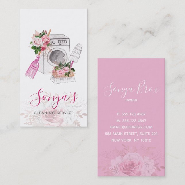 Städning Blommigt Vattenfärgsspasher Visitkort (Fram/baksida)
