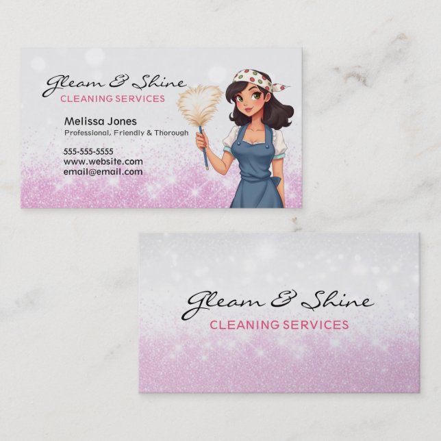 Städning Dam Cleaner Woman Rosa Faux Glitter Visitkort (Fram/baksida)