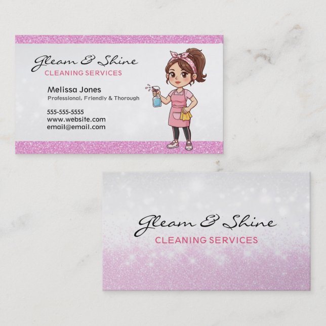 Städning Dam Cleaner Woman Rosa Faux Glitter Visitkort (Fram/baksida)