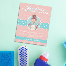 Städning Dam Tecknad Rosa och Teal Polka Dot Flygblad