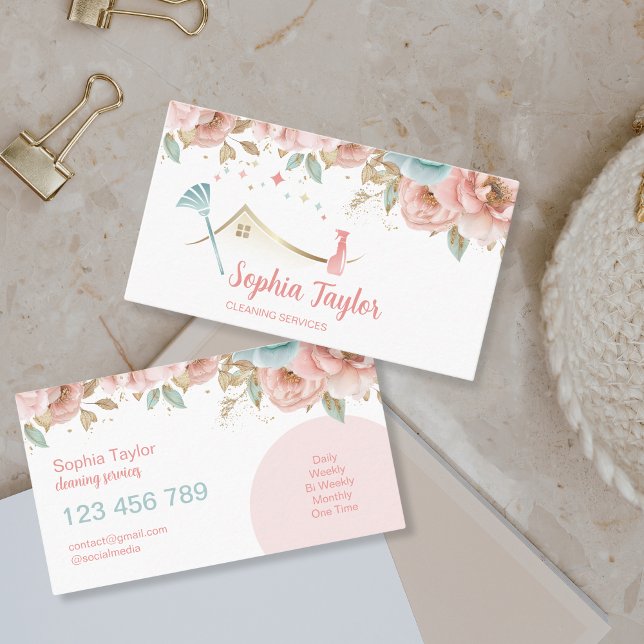 Städning för Modern Blommigt House Visitkort (modern floral cleaning logo, gold, teal, pink color)