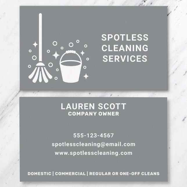 Städning Grått i rent  och i hakparentes Visitkort (Front and back of business card on a marble background.)