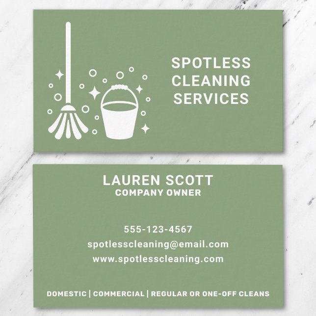 Städning Grönt för renare mopp- och haketstativ Visitkort (Front and back of business card on a marble background.)
