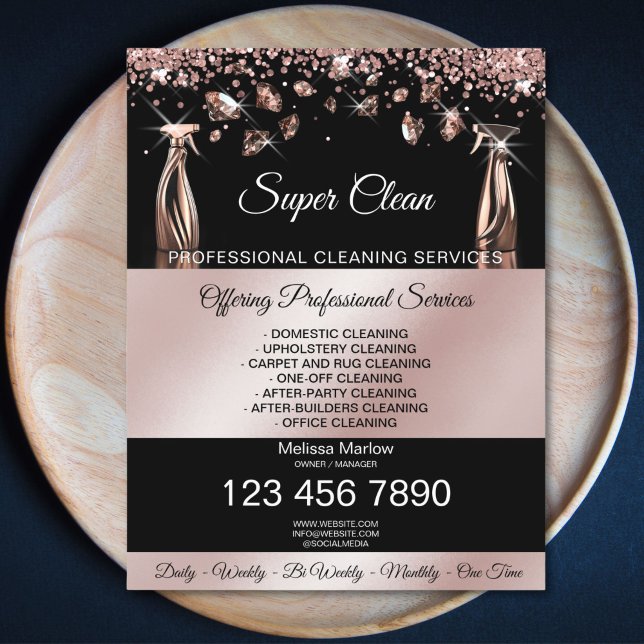 Städning Husstädning Piggstädningstjänster Reklamblad (rose gold house cleaning spray bottles spraying diamonds)