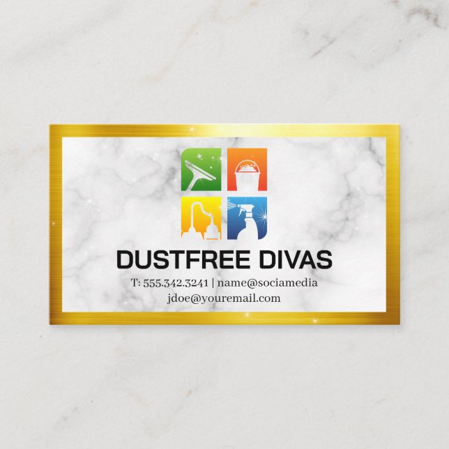 Städning ikoner | Marble | GULD GRÄNS | Sparkler Visitkort (Framsida)