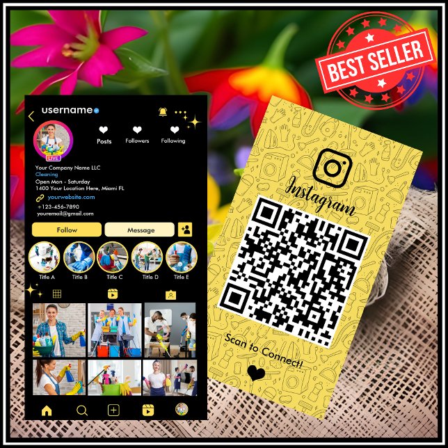 Städning Instagram Gult Hushållning QR Visitkort (Skapare uppladdad)