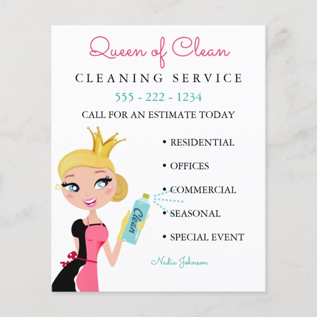 Städning Krona-Flyer för Maid Service Blonde Chara Flygblad (Framsidan)