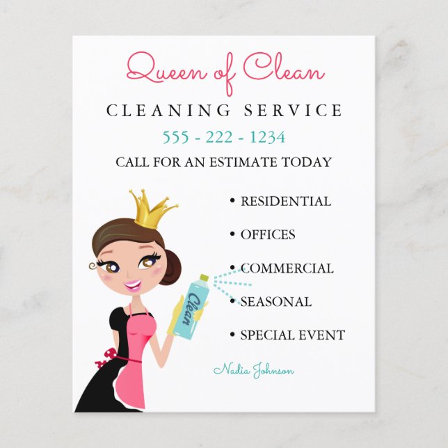 Städning Maid Service Brunette Character Krona Flygblad (Framsidan)