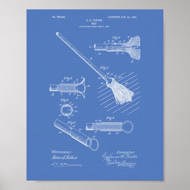 Städning Mop 1905 Patent Art Blueprint Poster (Framsidan)