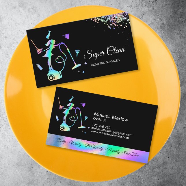 Städning Office Services Maid Householding Ro Visitkort (holographic maid on the vacuum cleaner surrounded with cleaning tools)