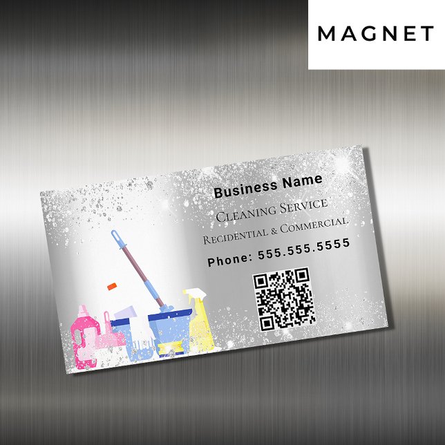 Städning QR-kod för damm i silver glitter Magnetiska Visitkort (Skapare uppladdad)