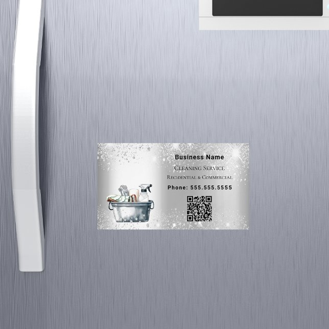 Städning QR-kod för damm i silver glitter Magnetiska Visitkort (Skapare uppladdad)