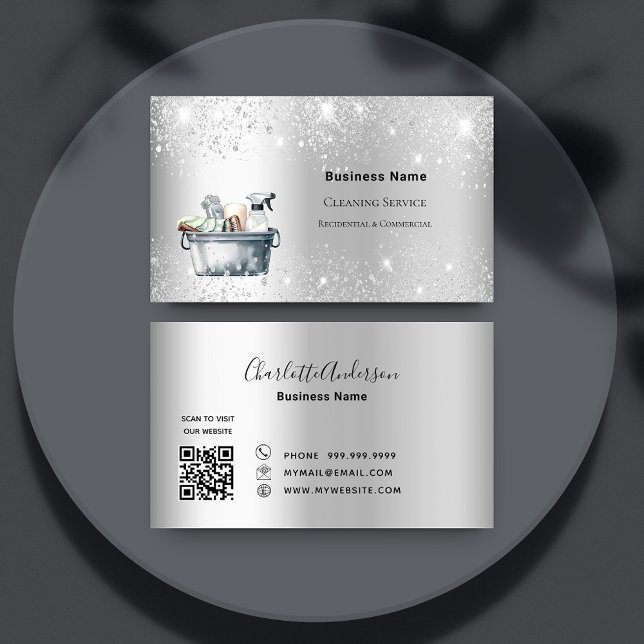 Städning QR-kod för damm i silver glitter Visitkort (Skapare uppladdad)