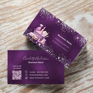 Städning QR-kod för lila silver glitter Visitkort