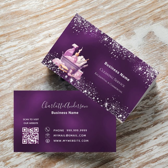 Städning QR-kod för lila silver glitter Visitkort (Skapare uppladdad)