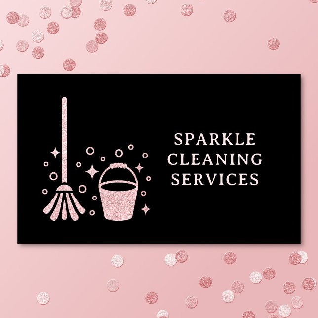 Städning Renare Mop och Bucket Rosa Faux Glitter Visitkort (Cleaning business card on a pink background with glitter confetti. )