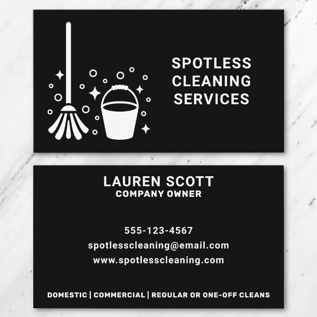 Städning Rensare, mopp- och buffetsvartvitt Visitkort (Business card front and back on a marble background.)