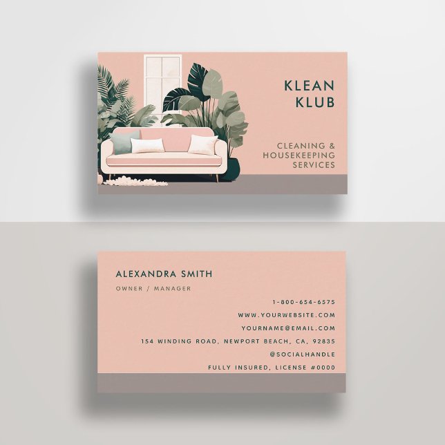 Städning Rosa för hemmakontoret Retro Visitkort (cleaning housekeeper janitorial business card retro vintage elegant modern chic simple minimal pink )
