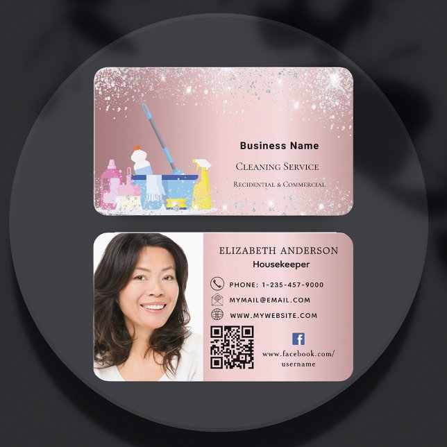 Städning rosa glitter stoft QR-kodfoto Visitkort (Skapare uppladdad)