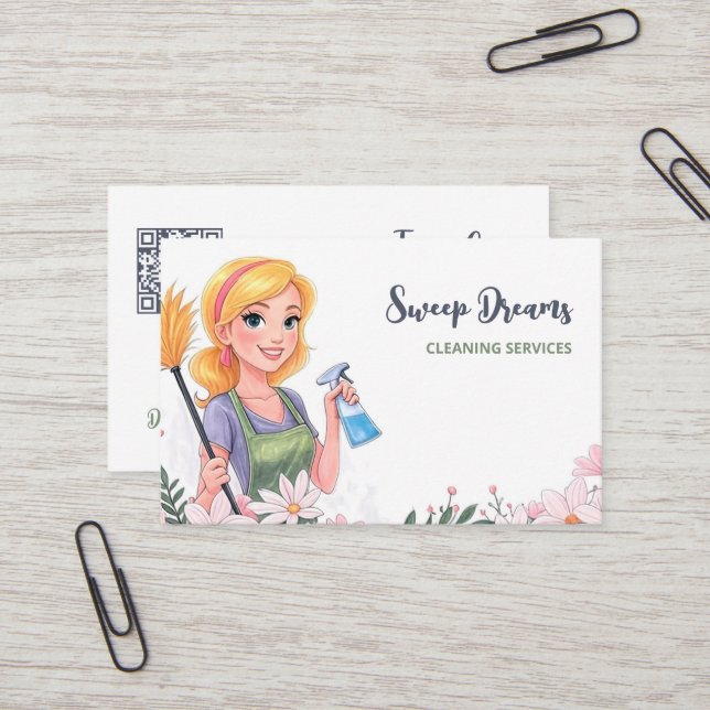 Städning Service House Maid Blommigt QR Visitkort (Fram/Back In Situ)