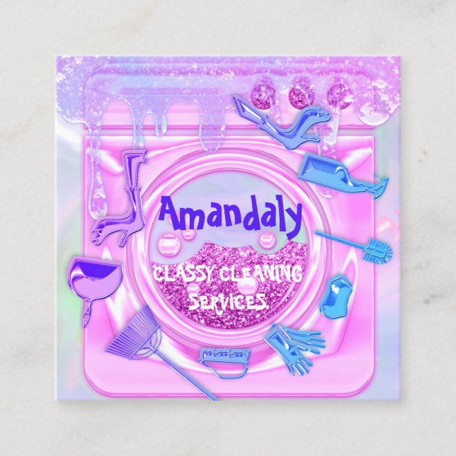 Städning Service Logotyp QRCode Laundy Logotyp Ros Fyrkantigt Visitkort (Framsida)