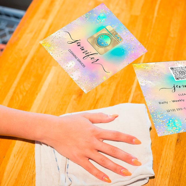 Städning Service Tvätt QR Codo Logotyp Holograph Fyrkantigt Visitkort (Cleaning Services Laundry QR Codo Logo Holograph Square Business Card)