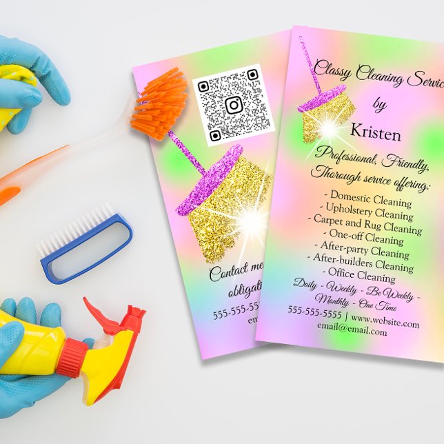 Städning Services House Beeping QRCode Logotyp Gro Visitkort (Cleaning Services Holograph QR CODE PINK GOLD FLORENCEK)