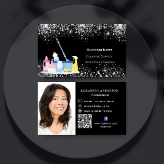 Städning svartvit glitter-stoft QR-kodfoto Visitkort