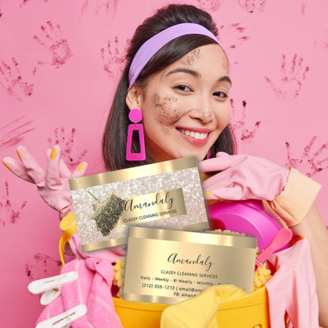 Städning tjänstemätarhus som håller kvar Guld Glit Visitkort (Cleaning Services Maid House Keeping Gold Glitter Business Card)