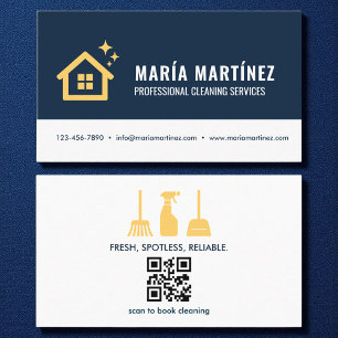 Städning tjänster för Navy Blue & Guld QR Code Hou Visitkort