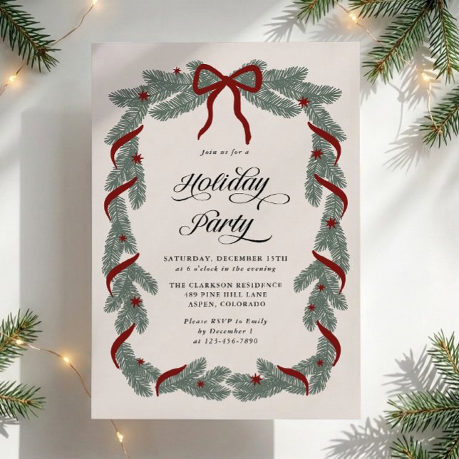 Städsegrön krans röd rosett julfest inbjudan (Skapare uppladdad)