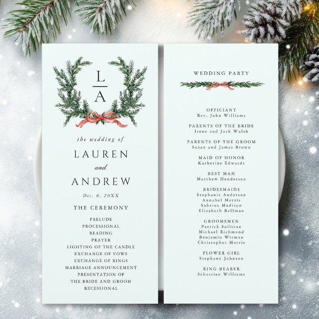 Städsegrön tallkrans bröllop Mintgrön Ceremoni  Program (Front & Back)