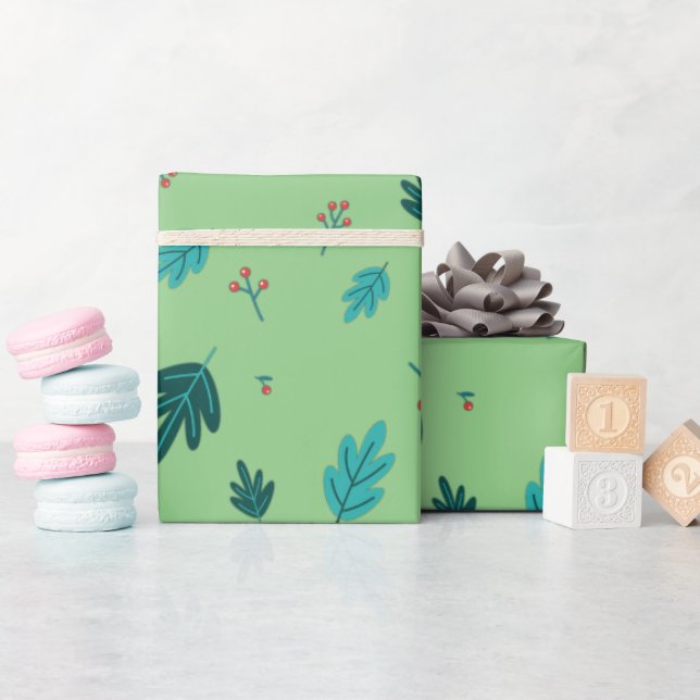 Städsegröna trädblad & röda järnekbär presentpapper (Baby Shower)