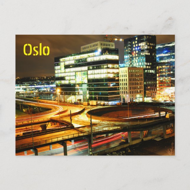 Stadslandskap nattetid i Oslo, Norge Vykort (Framsida)