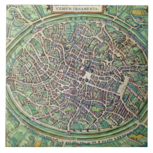 Stadsplan av Bruges, från 'Civitates Orbis Terrar Kakelplatta