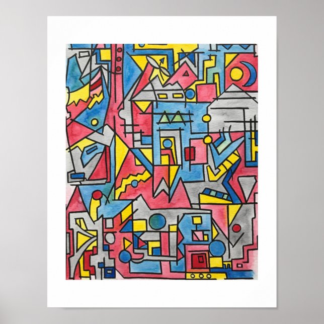 Stadsscenarie-Modern Bauhaus Geometrisk Akvarellko Poster (Framsidan)