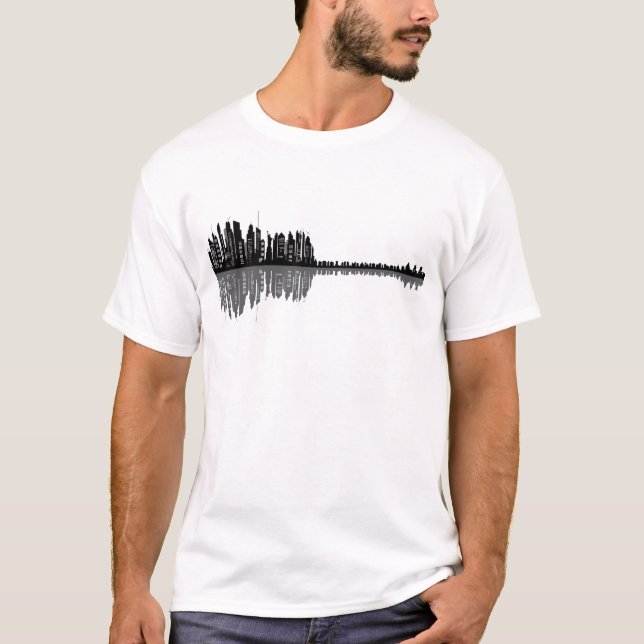 Stadssilhuett Gitarr Minimalistisk Musikkonst T Shirt (Framsida)