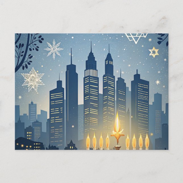 Stadssilhuett Menorah Hanukkah-kort Vykort (Framsida)