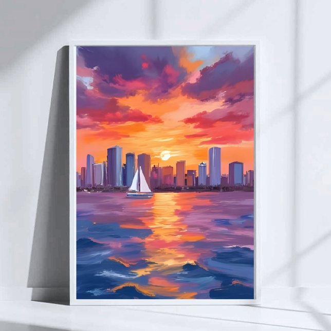 Stadssilhuett Solnedgång Reflektion Akvarellmålnin Poster (Skapare uppladdad)