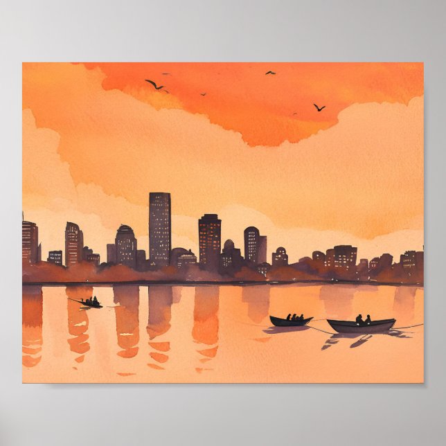 Stadssiluett Solnedgång | Orange Stadssilhuett Vat Poster (Framsidan)