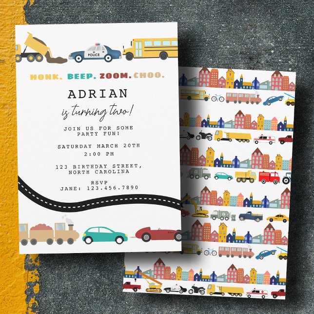 Stadstransportfordon Lastbil Andra födelsedagen Inbjudningar (City Transportation Vehicles Truck Second Birthday Invitation)