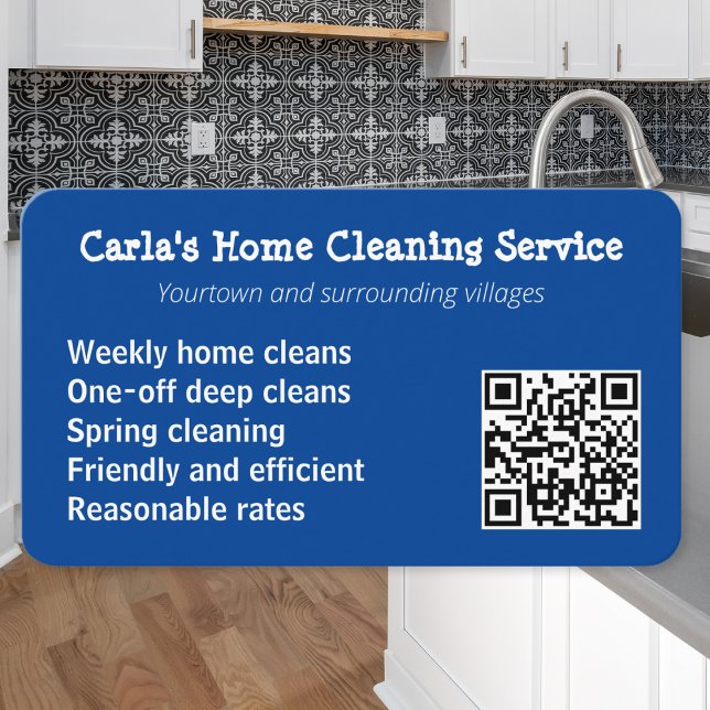 Städtjänst Hemstädning Städning Husstädning Visitkort (A personalized business card for a cleaner, with custom QR code, in blue and white)