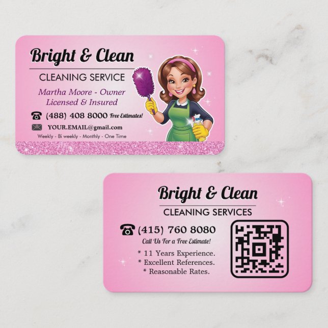 Städtjänst QR-kod Rosa hembiträde Visitkort (Fram/baksida)