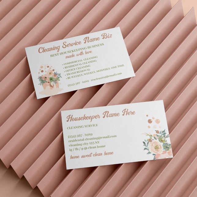 Städtjänst Rosa Blommig Städning Visitkort (Cleaning Service Blush Pink Floral Janitorial Business Card)