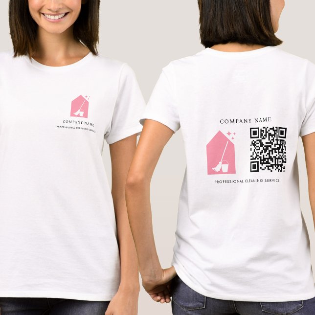 Städtjänst Rosa Logotyp QR-kod Vit T Shirt (Cleaning Cleaner Service Pink Logo QR Code White T-Shirt)